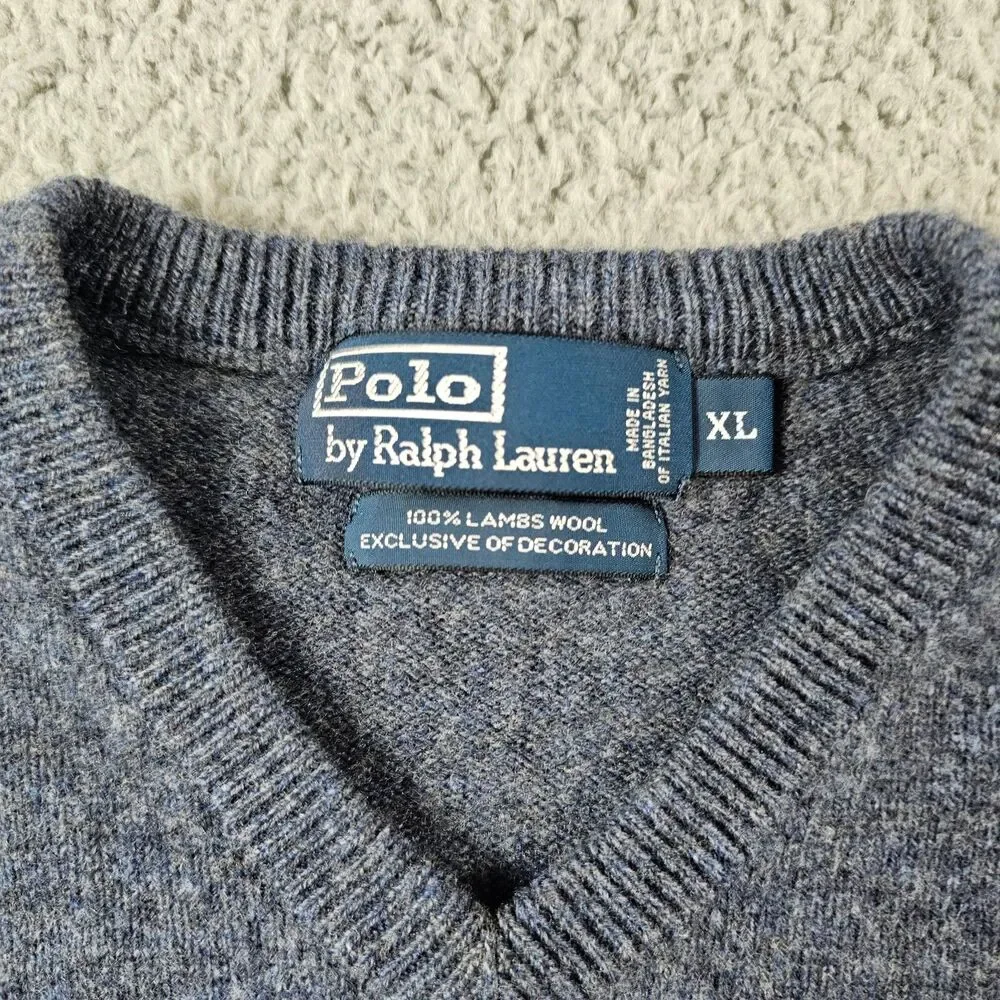 Vintage Polo Ralph Lauren Sweater Mens XL Blue Lambswool V Neck Preppy Casual